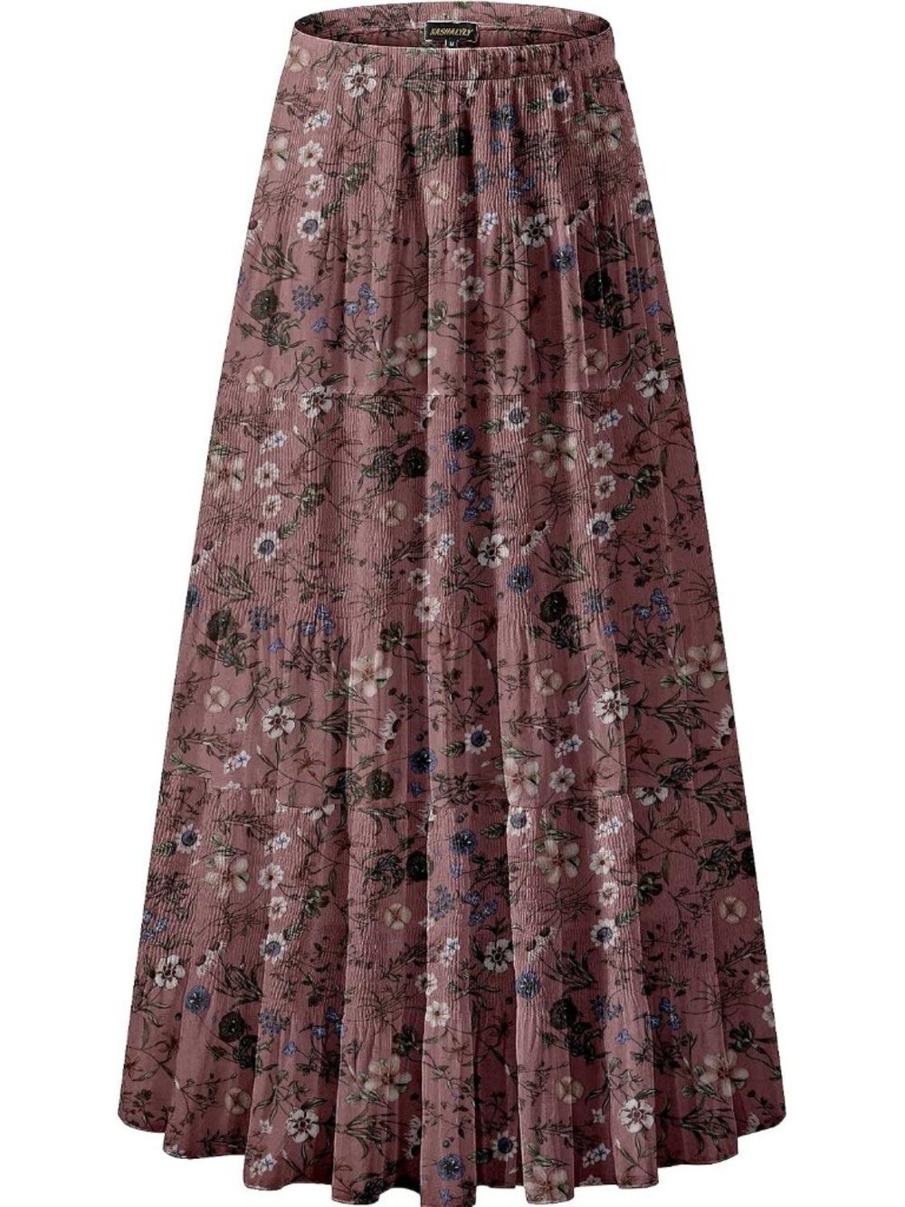 Women's Dusty Pink Floral Chiffon Elastic High Waisted Pleated A-Line Long Skirt